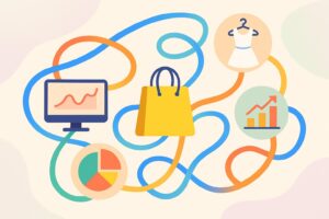 Abstract illustration of interconnected data and shopping icons representing a data-driven marketing network for fashion brands.